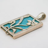Sterling Silver, Turquoise Mosaic Floral Drop Pendant Vintage c1990s