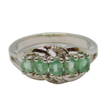 Sterling Silver 5 Oval Green Sapphire & Diamond Ring Vintage c1970 Size N 1/2