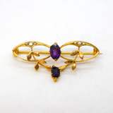 Edwardian 9ct Gold, Amethyst & Seed Pearl Lavalier Brooch Antique c1910