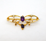 Edwardian 9ct Gold, Amethyst & Seed Pearl Lavalier Brooch Antique c1910