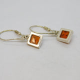 Pair of Sterling Silver Baltic Amber Square Hook Drop Earrings Vintage c1990