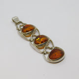 Sterling Silver Triple Baltic Amber Hinged Long Drop Charm Pendant Vintage c1970