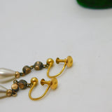 9ct Yellow Gold, Paste & Simulated Pearl Screw-Back Drop Earrings Antique c1920