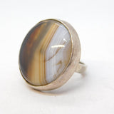 Sterling Silver Mounted Large Banded Agate Statement Ring Antique