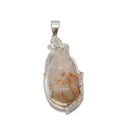 Sterling Silver Marbled Jasper & White Sapphire Drop Pendant Vintage c1970