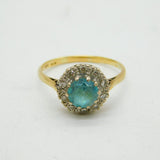 Continental 18ct Gold, Blue Zircon & Diamond Floral Cluster Ring Antique c1920s