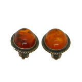 Pair of Sterling Silver Baltic Amber Oval Clip-On Earrings Vintage c1970