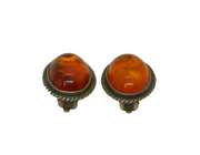 Pair of Sterling Silver Baltic Amber Oval Clip-On Earrings Vintage c1970
