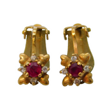 9ct Yellow Gold, Ruby & Diamond Clip-On Floral Earrings Vintage c1970s