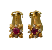 9ct Yellow Gold, Ruby & Diamond Clip-On Floral Earrings Vintage c1970s