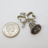 Sterling Silver Ringing Bell with Ribbon Charm Pendant Vintage c1970
