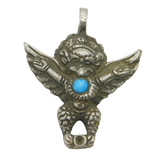 20th Century Indian White Metal Turquoise Set Winged God Pendant Antique