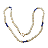 14ct Yellow Gold, Lapis Lazuli & Cultured Pearl Beaded Necklace Vintage c1970s