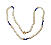 14ct Yellow Gold, Lapis Lazuli & Cultured Pearl Beaded Necklace Vintage c1970s