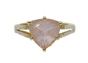 Gold On Sterling Silver Rose Quartz & Diamond Dress Ring Vintage c1970 Size L