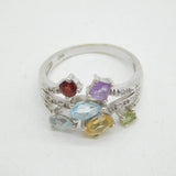 9ct White Gold, Diamond, Aquamarine, Garnet & Topaz Dress Ring Vintage Sheffield