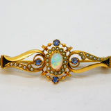 Edwardian 9ct Gold, Opal, Sapphire & Seed Pearl Floral Bar Brooch Antique c1910s