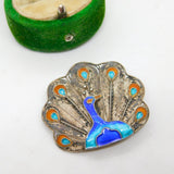 Filigree Sterling Silver Colourful Enamel Peacock Brooch Vintage c1960