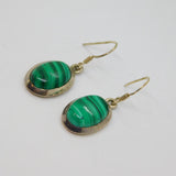 Pair of Sterling Silver Oval Cabochon Malachite Hook Drop Earrings Vintage c1970