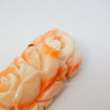 Chinese Yellow Metal Carved Angel Skin Coral Floral Brooch Antique c1940