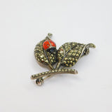 Sterling Silver Marcasite & Enamel Ladybird Leaf Form Spray Brooch Antique c1930