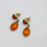 Pair of Sterling Silver Baltic Amber Oval & Round Stud Earrings Vintage c1970