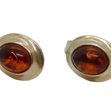 Pair of Sterling Silver Baltic Amber Oval Stud Earrings Vintage c1970
