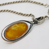 Sterling Silver Modernist Baltic Amber Drop Pendant Necklace Vintage c1960