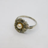 Sterling Silver Pearl & Marcasite Floral Art Deco Band Ring Antique c1930 Size Q