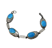 Navajo Sterling Silver Blue Enamel Bear Paw Style Panel Bracelet Vintage c1960s