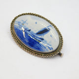 Sterling Silver Delft Painted Ceramic Sailing Scene Brooch Pin Antique c1930