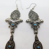 Sterling Silver Large Turquoise Set Filigree Hook Drop Earrings Vintage c1990