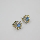 Pair of Sterling Silver Clear & Blue Crystal Flower Stud Earrings Modern c2000