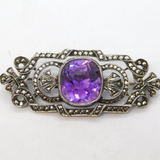 Art Deco Sterling Silver, Marcasite & Amethyst Floral Brooch Antique c1930s