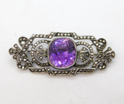 Art Deco Sterling Silver, Marcasite & Amethyst Floral Brooch Antique c1930s