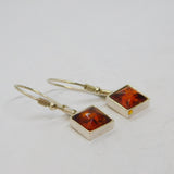 Pair of Sterling Silver Baltic Amber Square Hook Drop Earrings Vintage c1990