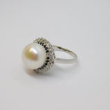 Sterling Silver Clear & Black CZ & Pearl Statement Ring Vintage c1970 Size Q