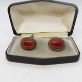 Boxed Pair of Sterling Silver & Cabochon Carnelian Agate Gents Cufflinks Vintage
