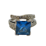 Sterling Silver Blue & White Topaz Statement Ring Vintage c1970 Size K