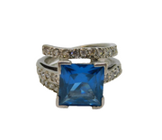Sterling Silver Blue & White Topaz Statement Ring Vintage c1970 Size K