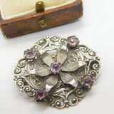Scottish Sterling Silver & Amethyst Set Floral Dress Brooch Vintage c1950 WBs