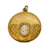 Victorian Rolled Gold, Seed Pearl Cameo Set Locket Pendant Antique c1880s