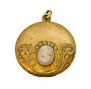 Victorian Rolled Gold, Seed Pearl Cameo Set Locket Pendant Antique c1880s