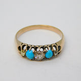 Victorian 9ct Gold, Turquoise & Diamond Boat Ring Antique c1880