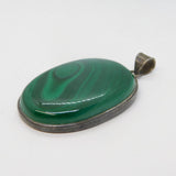 Large Sterling Silver Mounted Malachite Drop Pendant Vintage c1970s