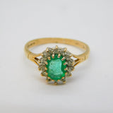 9ct Yellow Gold, Emerald & Diamond Floral Engagement Ring Vintage 1987 London