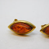 9ct Yellow Gold Mounted Baltic Amber Set Stud Earrings Vintage c1970s