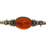 Sterling Silver Oval Baltic Amber Floral Pattern Brooch Pin Vintage c1970