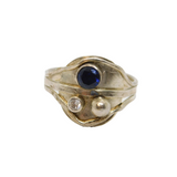 Sterling Silver Sapphire & White Topaz Abstract Studio Ring Modern c1990 Size T