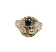 Sterling Silver Sapphire & White Topaz Abstract Studio Ring Modern c1990 Size T